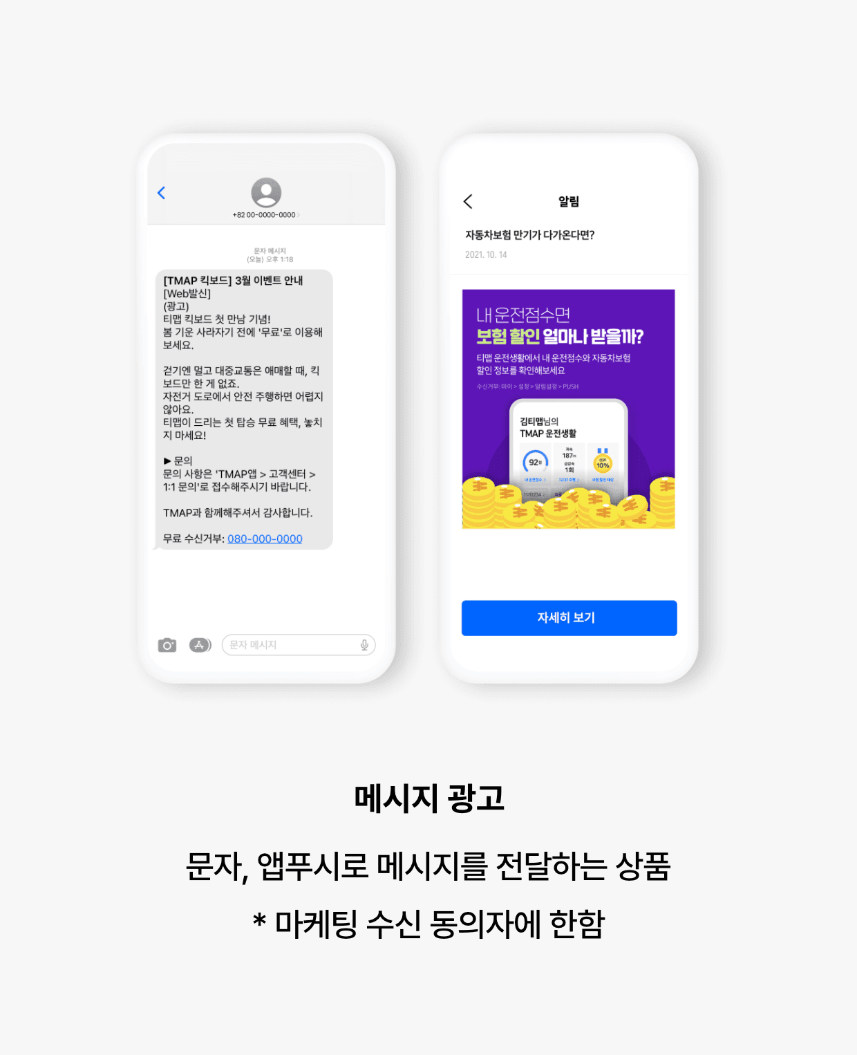 메시지 광고: 문자, 앱푸시로 메시지를 전달하는 상품. 마케팅 수신 동의자에 한함